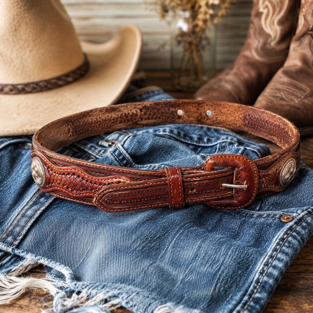 Vintage Genuine Leather Western Tooled Concho Belt Brown Sz 36 Cowboy Rodeo Boho